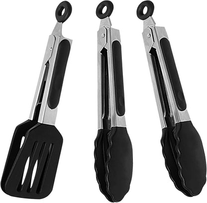 7 inch Mini Silicone Serving Tongs with Silicone Tips Set of 3 | Stainless Steel Handle, Non-Scratch, Heat Resistant, for Salads, Pasta, Steaks, Vegetables