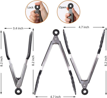 7 inch Mini Silicone Serving Tongs with Silicone Tips Set of 3 | Stainless Steel Handle, Non-Scratch, Heat Resistant, for Salads, Pasta, Steaks, Vegetables