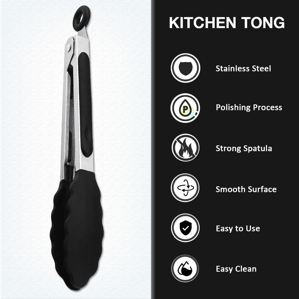 7 inch Mini Silicone Serving Tongs with Silicone Tips Set of 3 | Stainless Steel Handle, Non-Scratch, Heat Resistant, for Salads, Pasta, Steaks, Vegetables