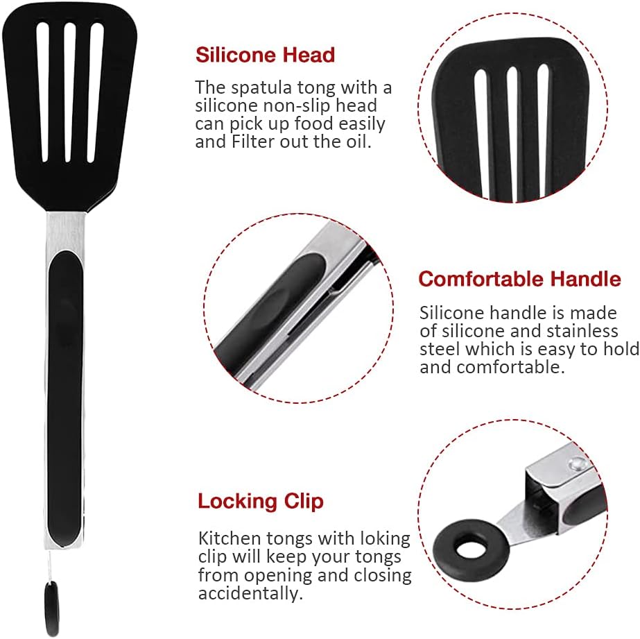 7 inch Mini Silicone Serving Tongs with Silicone Tips Set of 3 | Stainless Steel Handle, Non-Scratch, Heat Resistant, for Salads, Pasta, Steaks, Vegetables