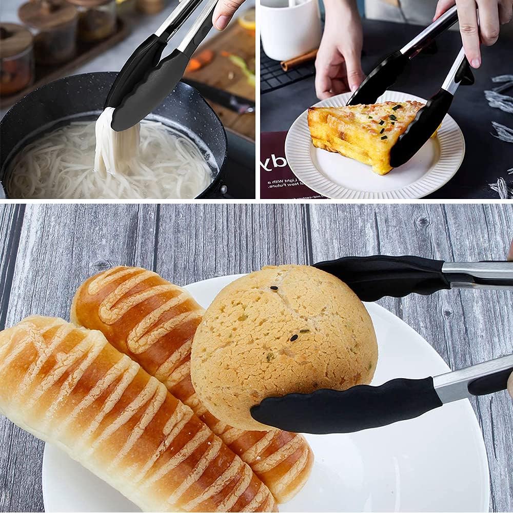 7 inch Mini Silicone Serving Tongs with Silicone Tips Set of 3 | Stainless Steel Handle, Non-Scratch, Heat Resistant, for Salads, Pasta, Steaks, Vegetables