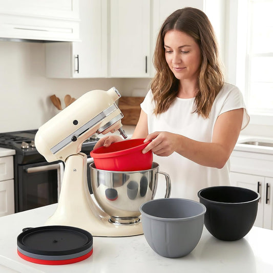 Silicone Bowl Liners for KitchenAid 5-Qt Tilt-Head Mixers, 3-Pc | Mixing Bowl Liners with Lids, Measurement Markings & Timer Pointers, Kitchen Aid Accessories and Attachments