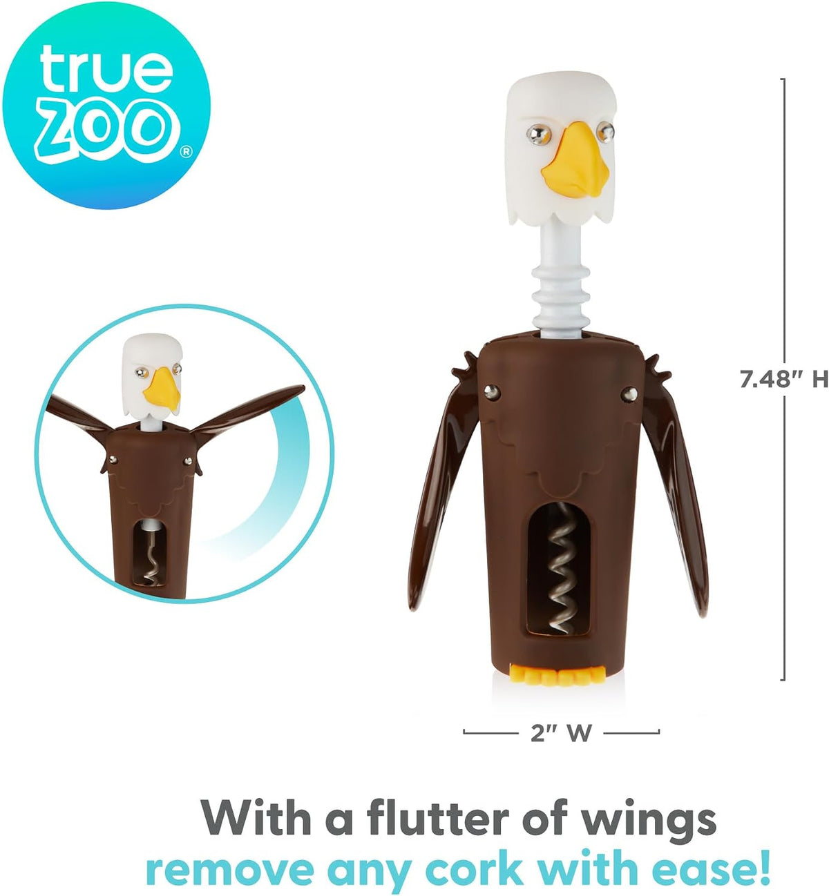 Bald Eagle Corkscrew Wine Opener, Winged Design with Easy Grip Soft Touch Wings, Stainless Steel and Plastic with Sharp Screw for Wine Bottles, Home Bar, Kitchen, Novelty Gifts