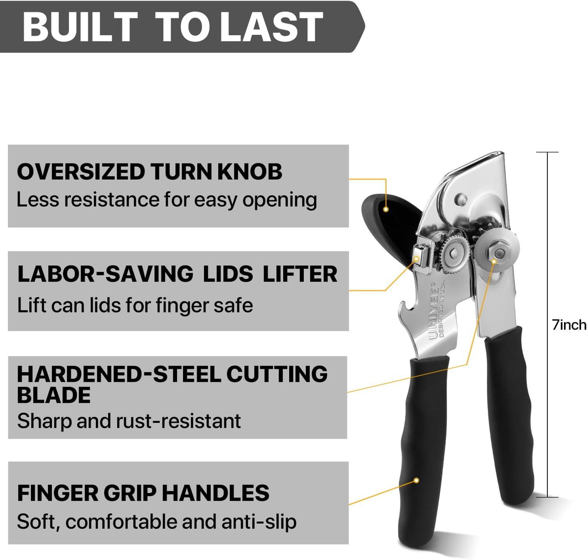 Heavy Duty Hand Can Opener with Comfortable Grip for Seniors, Black