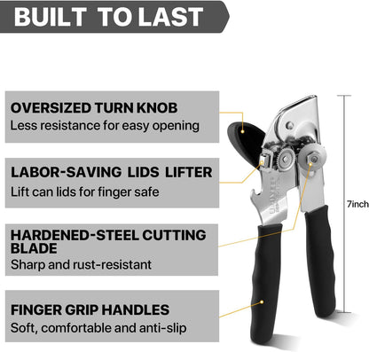 Heavy Duty Hand Can Opener with Comfortable Grip for Seniors, Black