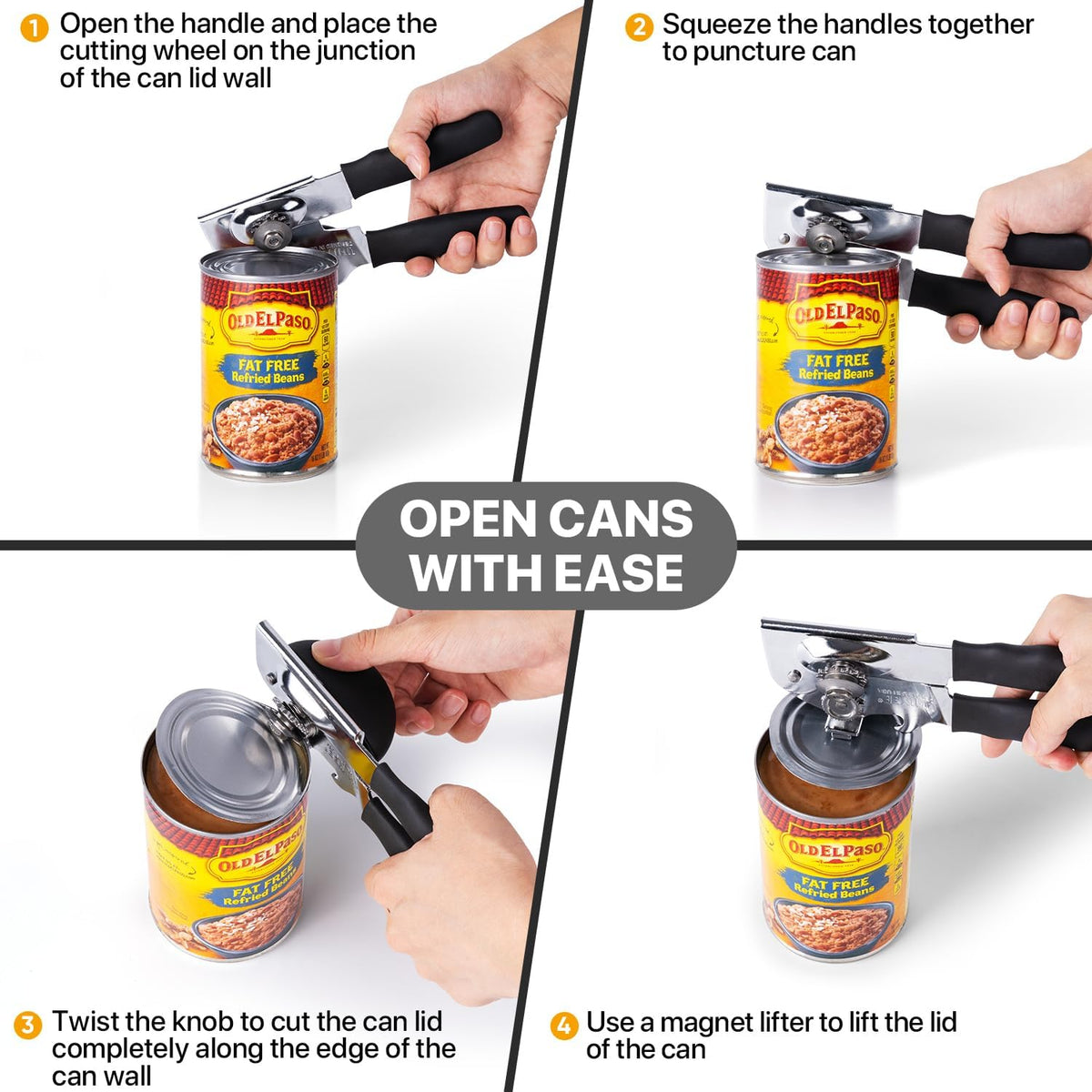 Heavy Duty Hand Can Opener with Comfortable Grip for Seniors, Black