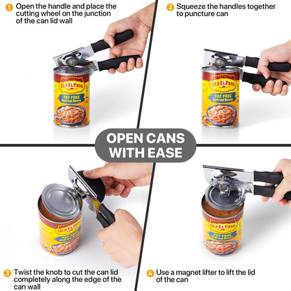 Heavy Duty Hand Can Opener with Comfortable Grip for Seniors, Black