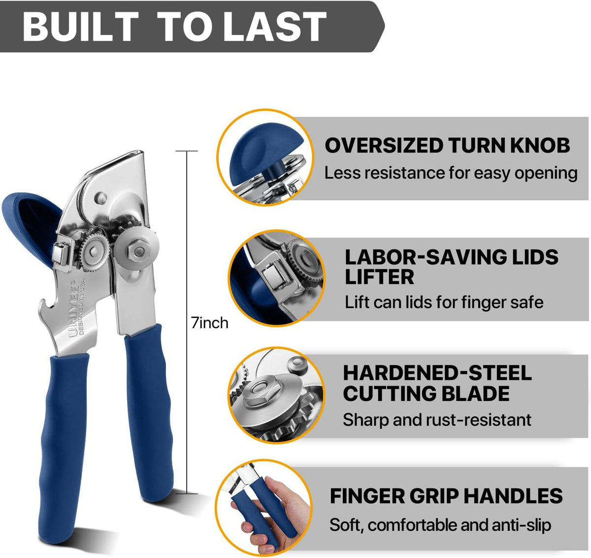 Heavy Duty Hand Can Opener with Comfortable Grip for Seniors, Black