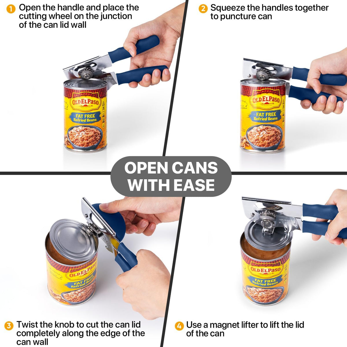 Heavy Duty Hand Can Opener with Comfortable Grip for Seniors, Black