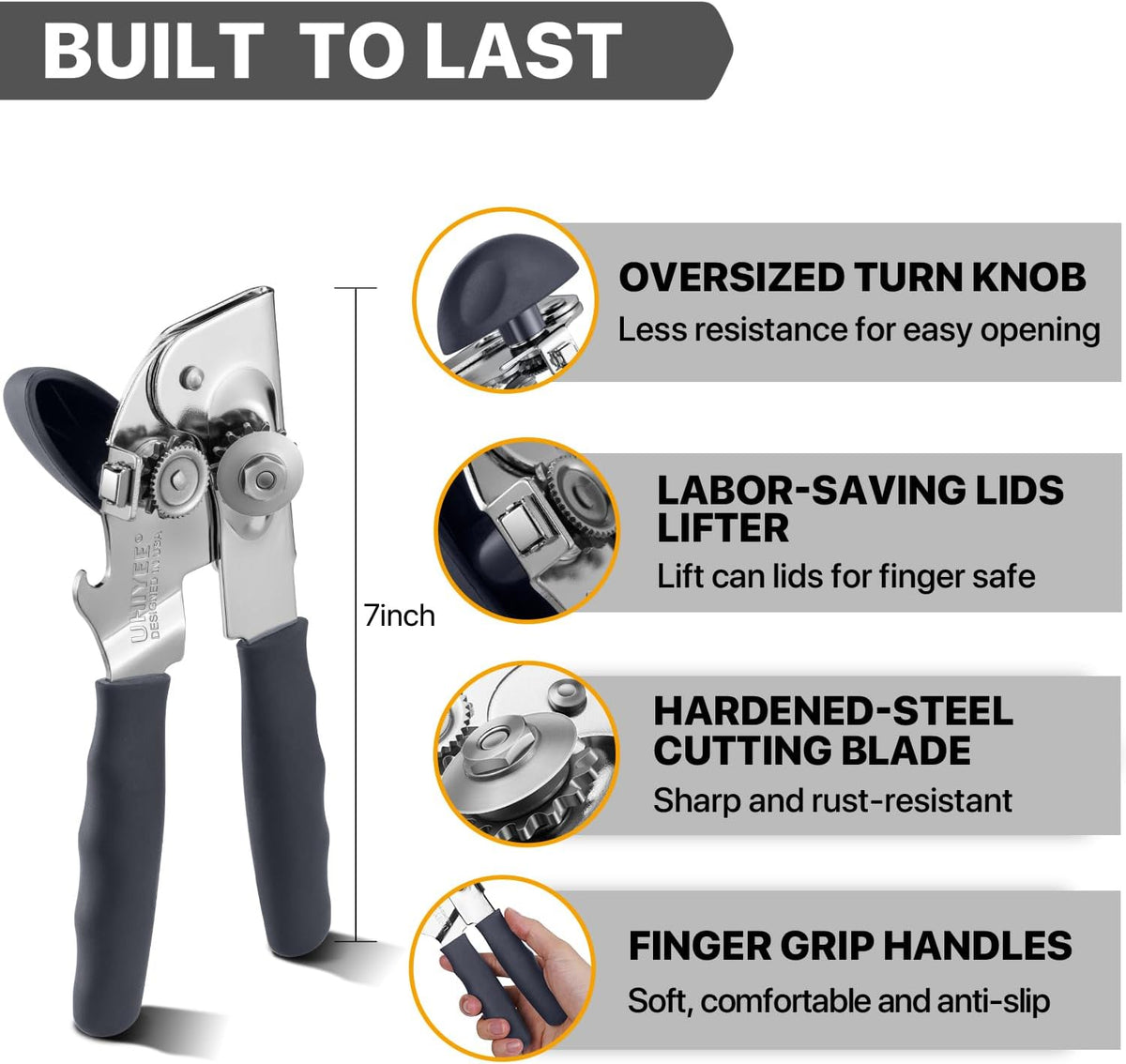 Heavy Duty Hand Can Opener with Comfortable Grip for Seniors, Black