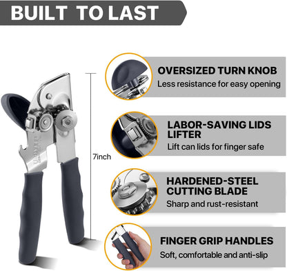 Heavy Duty Hand Can Opener with Comfortable Grip for Seniors, Black
