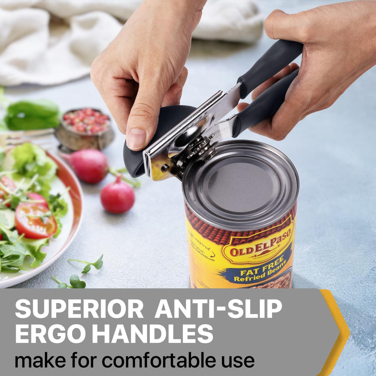 Heavy Duty Hand Can Opener with Comfortable Grip for Seniors, Black