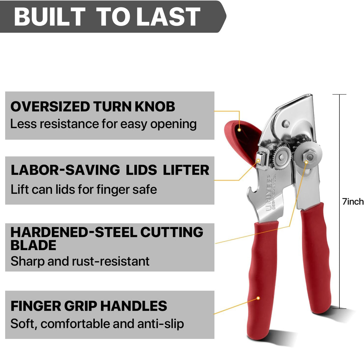 Heavy Duty Hand Can Opener with Comfortable Grip for Seniors, Black