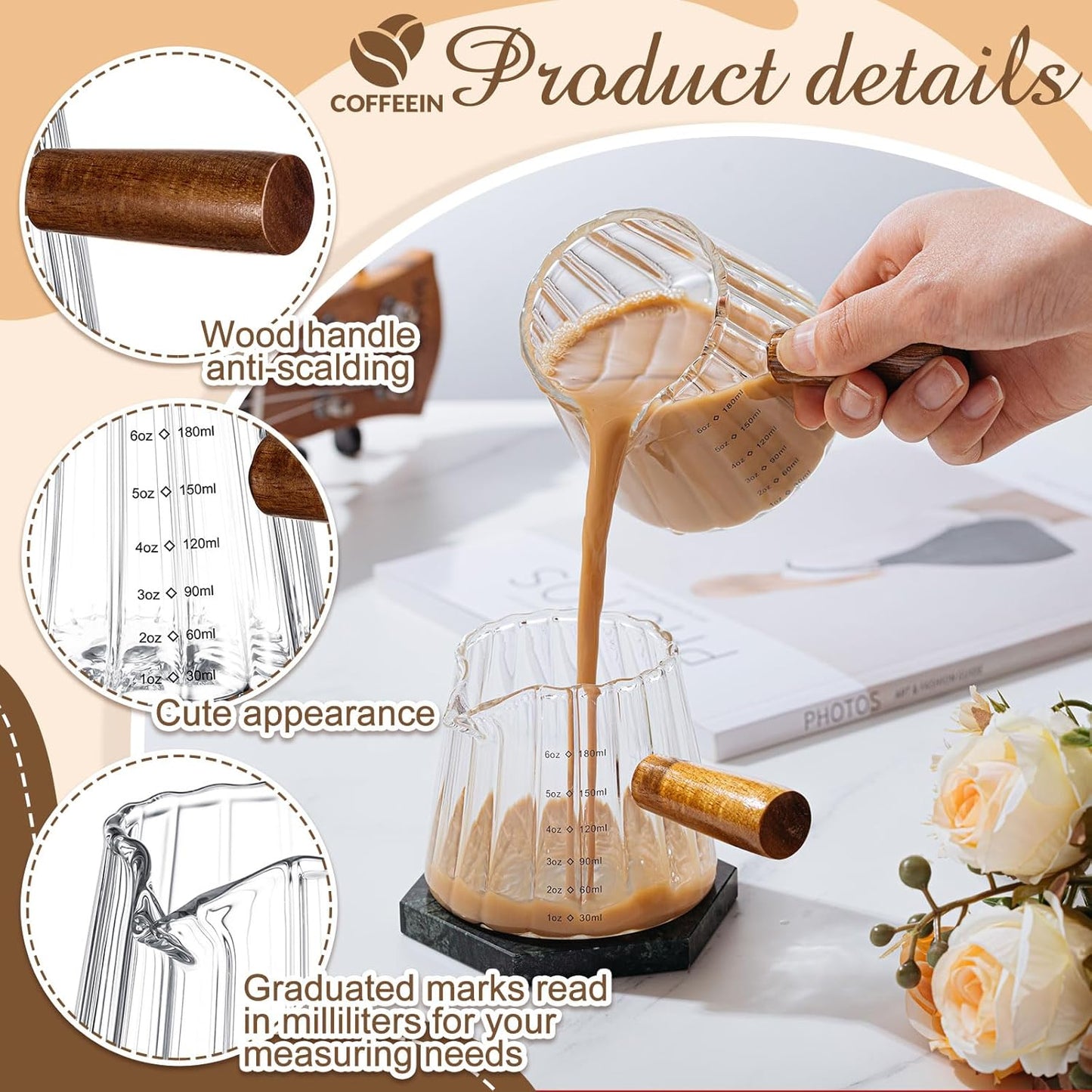 1 Pcs Espresso Shot Glass with Handle, 6 oz/180 ml Espresso Cup with Single V-shaped Mouth, Measuring Cup for Milk Tea Coffee Bar Accessories (Clear)
