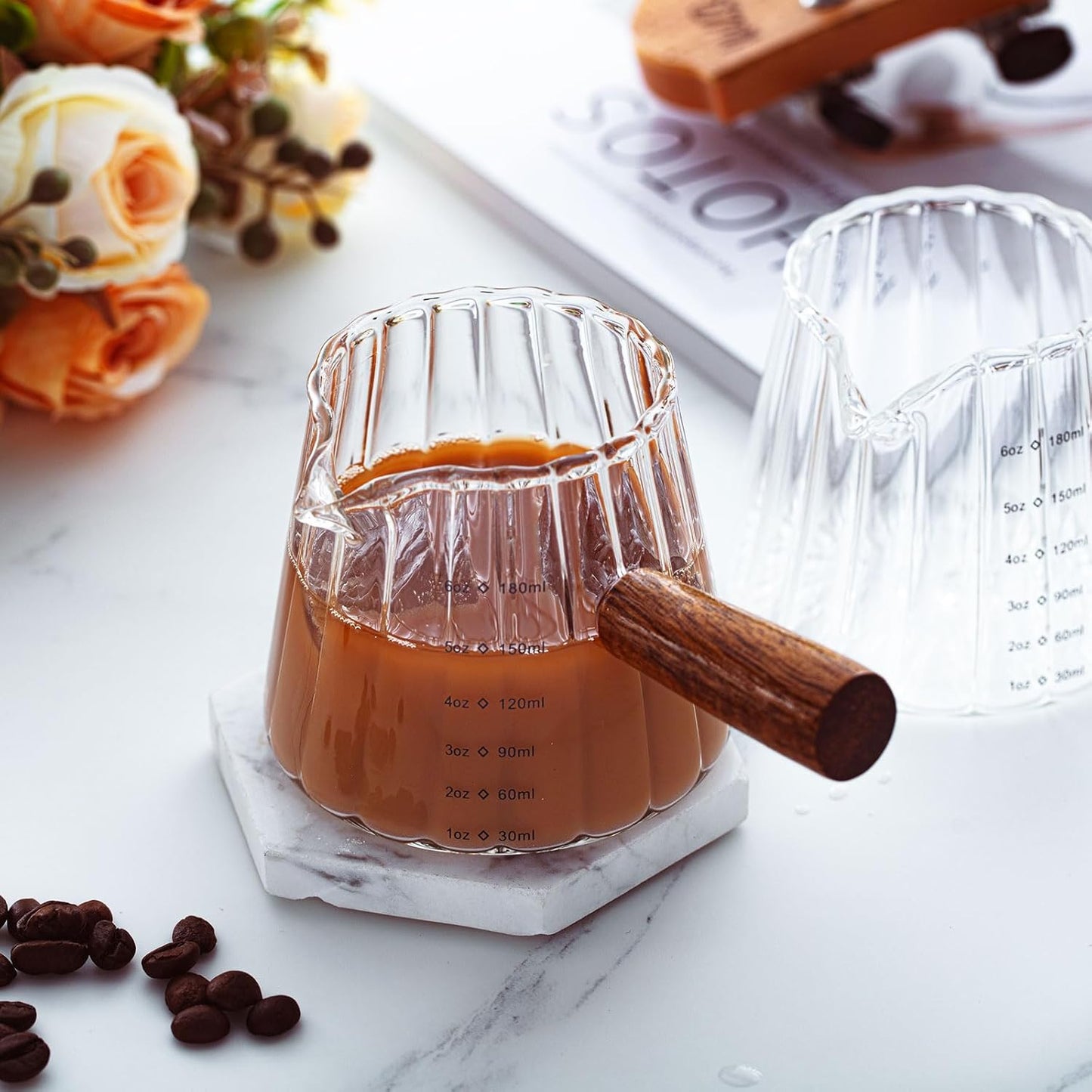 1 Pcs Espresso Shot Glass with Handle, 6 oz/180 ml Espresso Cup with Single V-shaped Mouth, Measuring Cup for Milk Tea Coffee Bar Accessories (Clear)