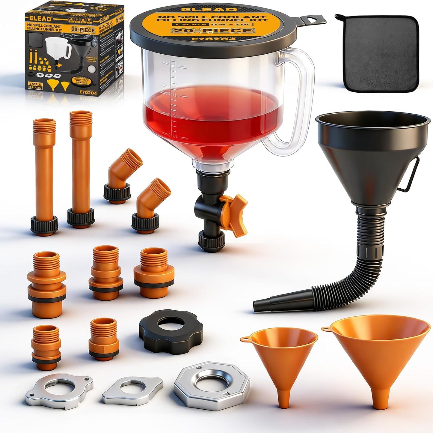 18-Piece No Spill Engine Oil Funnel Kit, 1.59QT/ 1.5L Automotive Coolant Funnel Set, 12 Adapters, Elbow Fitting, Arrow Screen & Magnetic Tray, Compatible with GM, Ford, BMW, Audi, Land Rover Etc