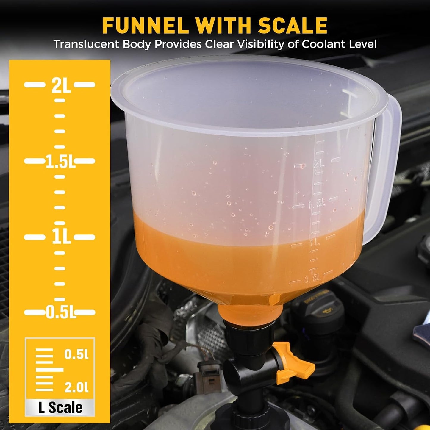 18-Piece No Spill Engine Oil Funnel Kit, 1.59QT/ 1.5L Automotive Coolant Funnel Set, 12 Adapters, Elbow Fitting, Arrow Screen & Magnetic Tray, Compatible with GM, Ford, BMW, Audi, Land Rover Etc