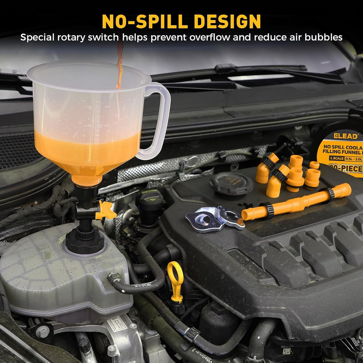 18-Piece No Spill Engine Oil Funnel Kit, 1.59QT/ 1.5L Automotive Coolant Funnel Set, 12 Adapters, Elbow Fitting, Arrow Screen & Magnetic Tray, Compatible with GM, Ford, BMW, Audi, Land Rover Etc