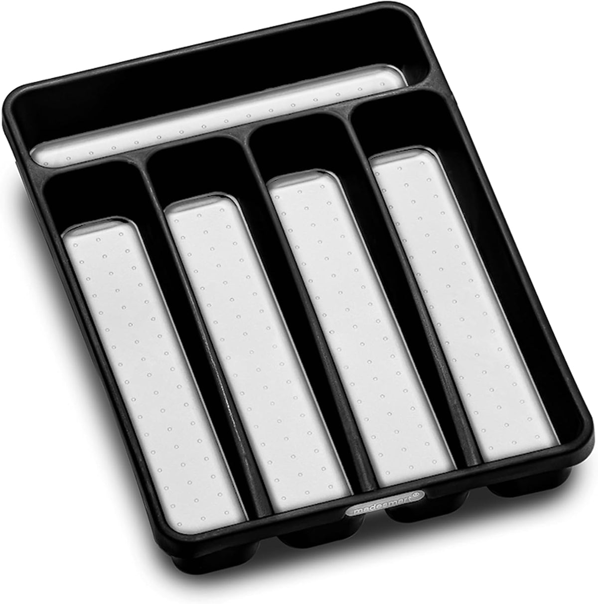 Classic 5 Compartment Compact Cutlery Tray, Carbon | non slip feet, rounded corners, branded icons, soft grip lining, forks knives spoons, flatware sorting, woman owned
