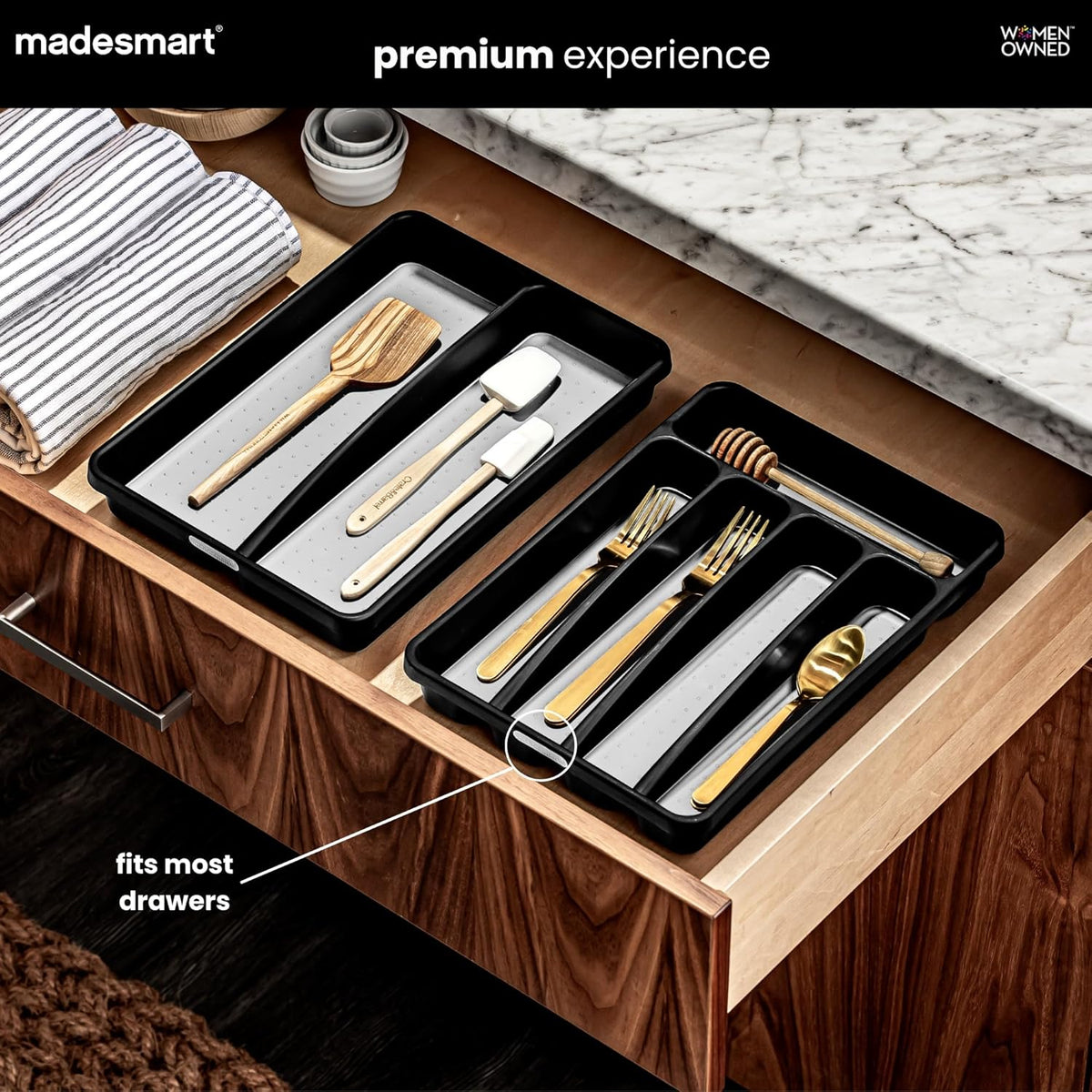 Classic 5 Compartment Compact Cutlery Tray, Carbon | non slip feet, rounded corners, branded icons, soft grip lining, forks knives spoons, flatware sorting, woman owned