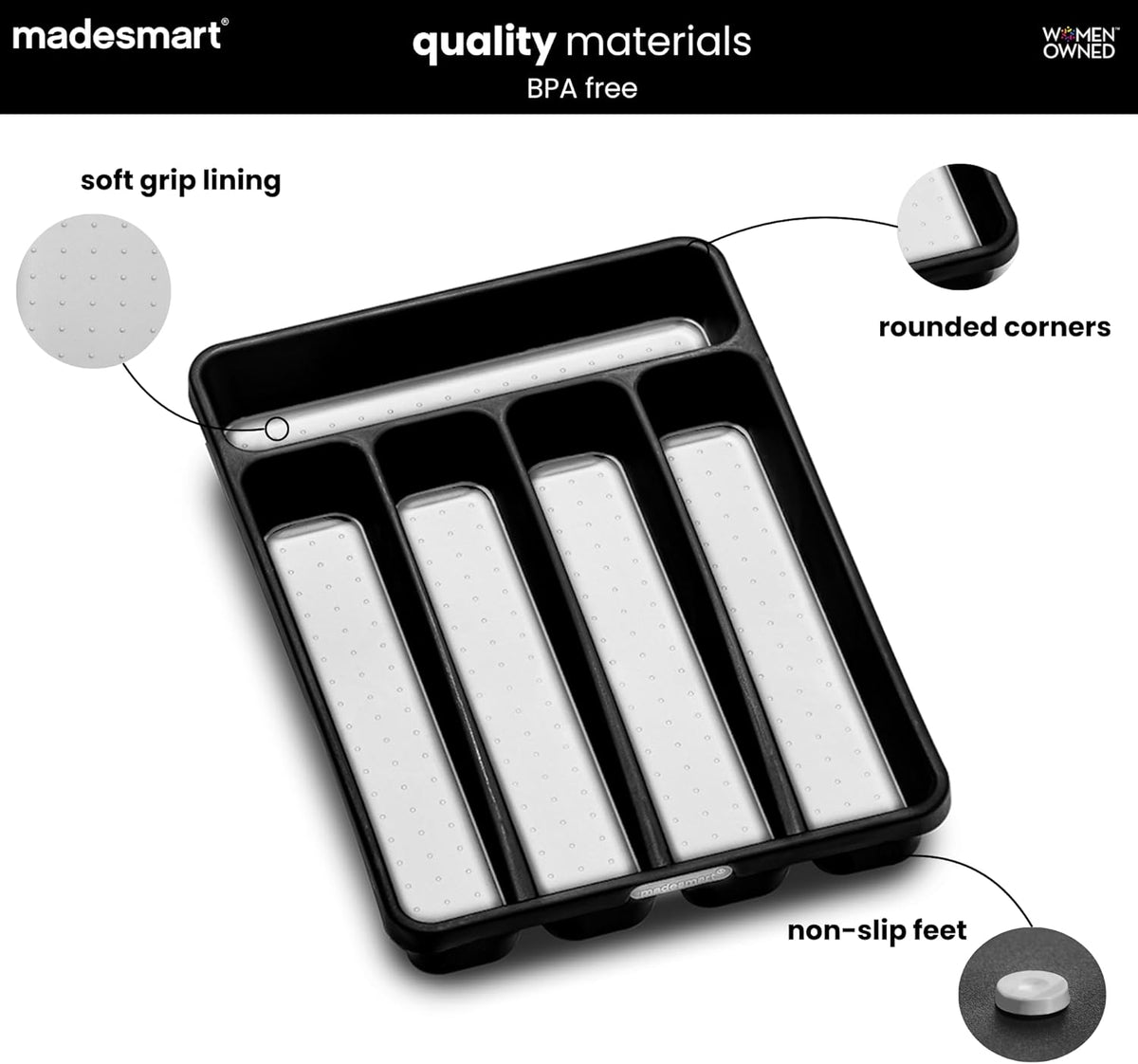 Classic 5 Compartment Compact Cutlery Tray, Carbon | non slip feet, rounded corners, branded icons, soft grip lining, forks knives spoons, flatware sorting, woman owned