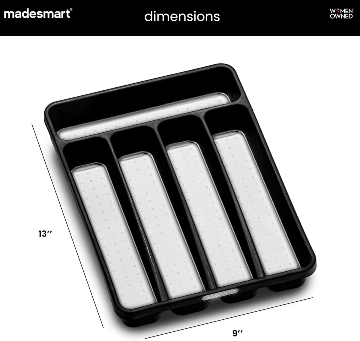 Classic 5 Compartment Compact Cutlery Tray, Carbon | non slip feet, rounded corners, branded icons, soft grip lining, forks knives spoons, flatware sorting, woman owned