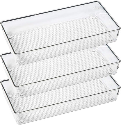 3 Pack Large Clear Plastic Drawer Organizer Tray Cutlery Utensil Makeups Drawer Organizers 12" X 6"