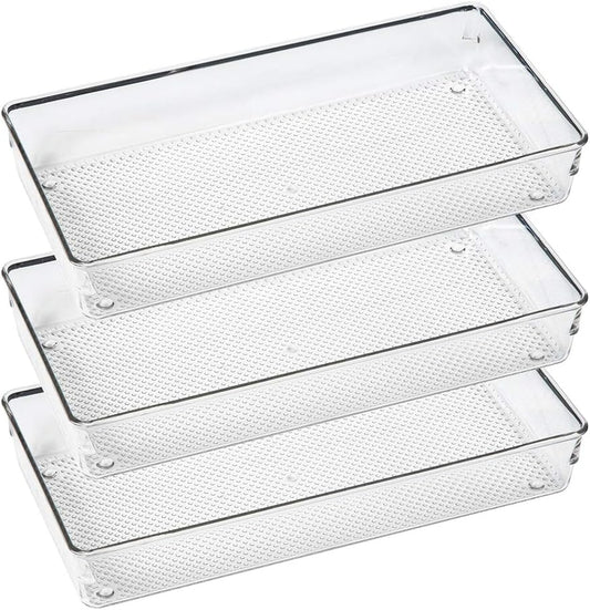 3 Pack Large Clear Plastic Drawer Organizer Tray Cutlery Utensil Makeups Drawer Organizers 12" X 6"