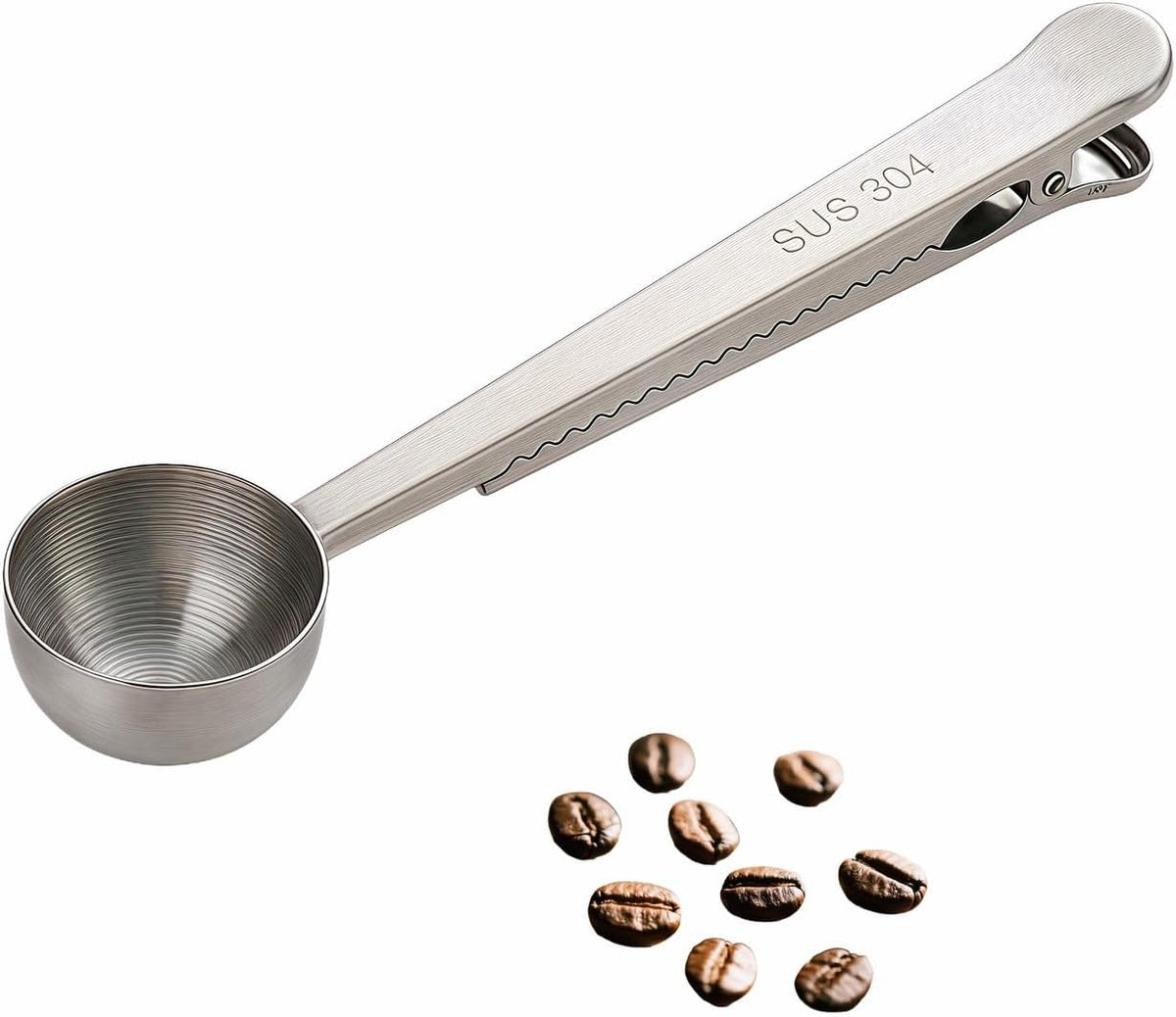 Stainless Steel Coffee Scoop&Seal Clip,2-in-1 Measuring Spoon for Ground Coffee,Tea, Sugar,Airtight Kitchen Storage,Dishwasher Safe,6.69-inch Length,Serrated Sealing Clip
