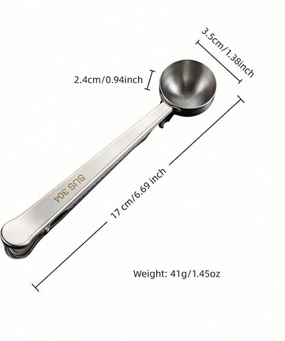 Stainless Steel Coffee Scoop&Seal Clip,2-in-1 Measuring Spoon for Ground Coffee,Tea, Sugar,Airtight Kitchen Storage,Dishwasher Safe,6.69-inch Length,Serrated Sealing Clip