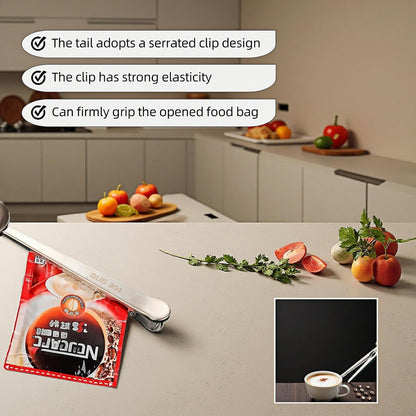 Stainless Steel Coffee Scoop&Seal Clip,2-in-1 Measuring Spoon for Ground Coffee,Tea, Sugar,Airtight Kitchen Storage,Dishwasher Safe,6.69-inch Length,Serrated Sealing Clip