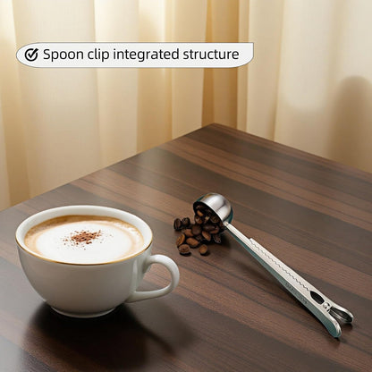 Stainless Steel Coffee Scoop&Seal Clip,2-in-1 Measuring Spoon for Ground Coffee,Tea, Sugar,Airtight Kitchen Storage,Dishwasher Safe,6.69-inch Length,Serrated Sealing Clip