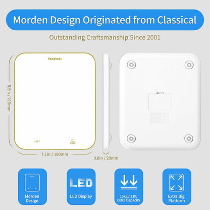 33lb Digital Food Scale Grams and Ounces in 1g, High Precision Assured by Kitchen Scale Professional Factory Since 2001, Gram Scale for Cooking and Baking, LED, 3*AAA, White by Golden Line