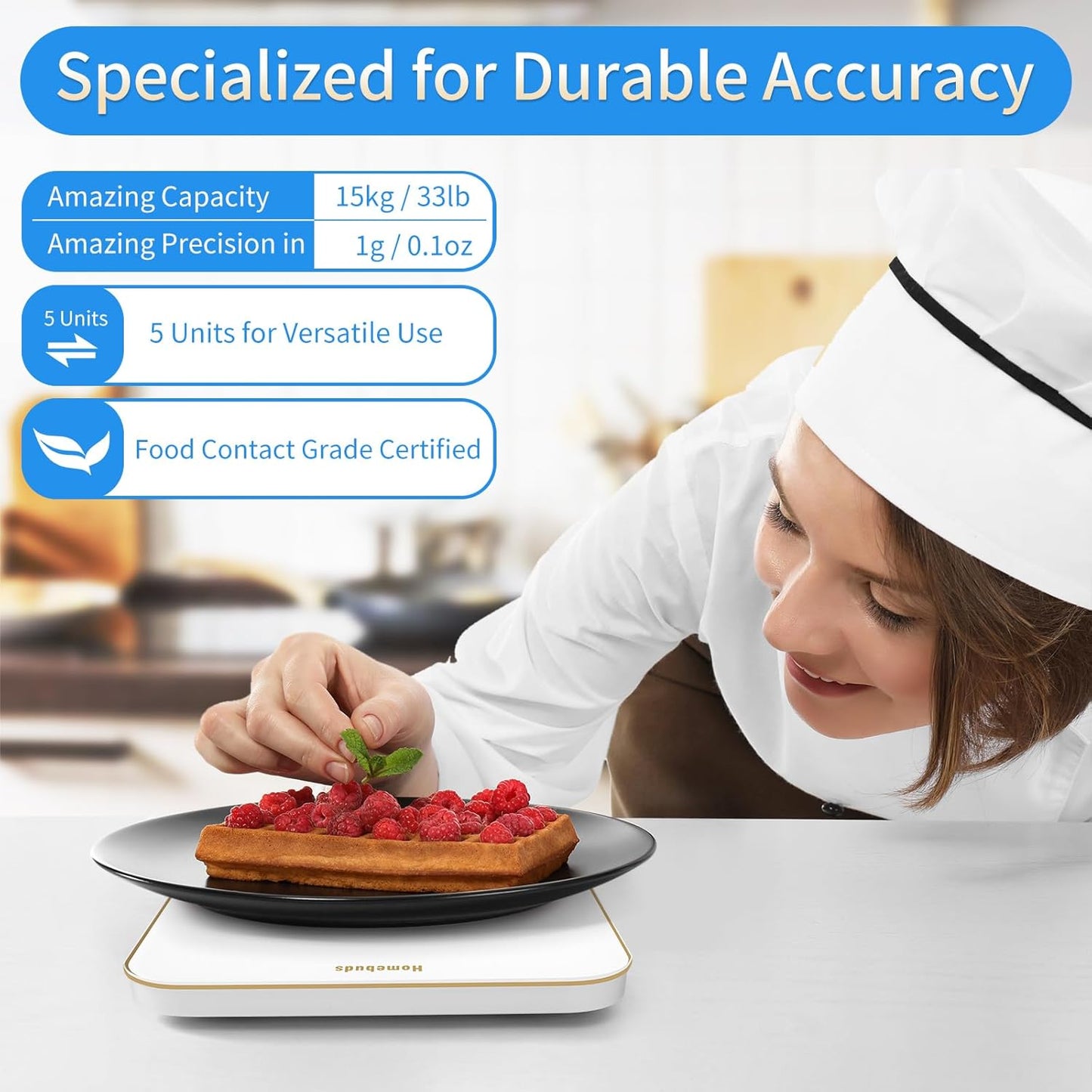 33lb Digital Food Scale Grams and Ounces in 1g, High Precision Assured by Kitchen Scale Professional Factory Since 2001, Gram Scale for Cooking and Baking, LED, 3*AAA, White by Golden Line