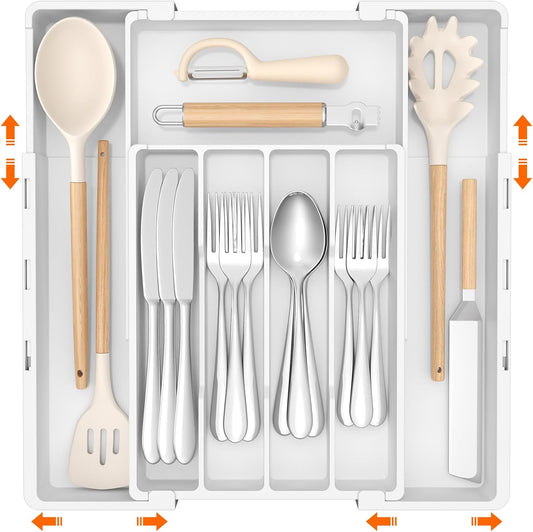 Silverware Drawer Organizer, Expandable Utensil Tray for Kitchen, BPA Free Flatware and Cutlery Holder, Adjustable Plastic Storage for Spoons Forks Knives, 4-7 Slots, White