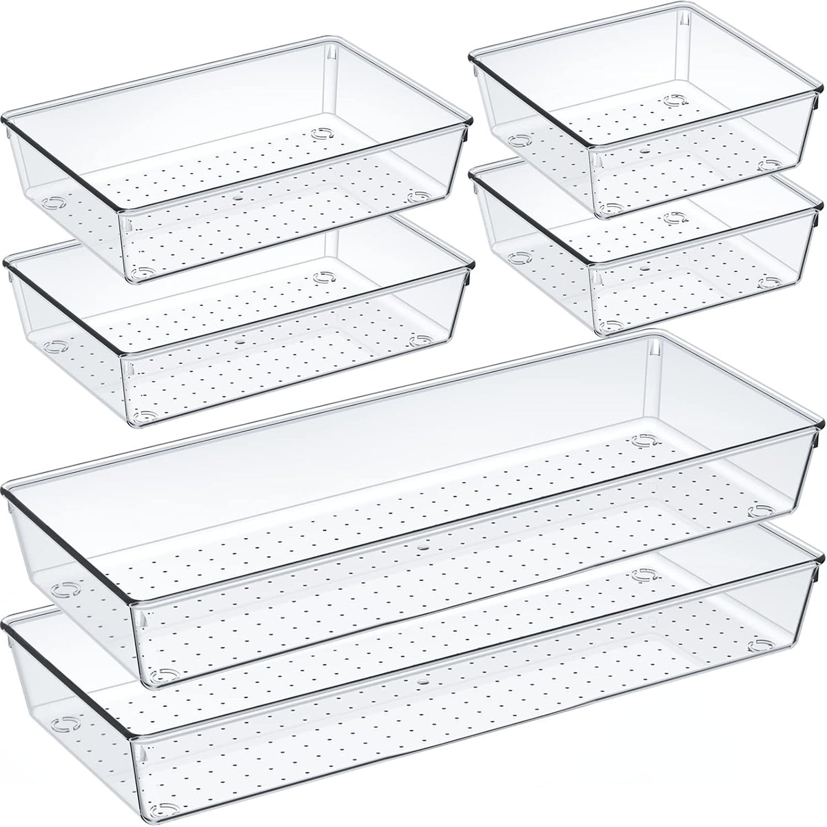 6 Pcs Large Size Clear Drawer Organizer Set, Acrylic Non Slip Non Cracking Kitchen Drawer Storage Tray Divider, Multifunctional Storage for Cosmetics, Bathroom, Tools, Kitchen and Office