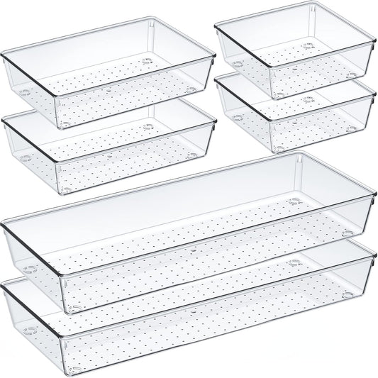 6 Pcs Large Size Clear Drawer Organizer Set, Acrylic Non Slip Non Cracking Kitchen Drawer Storage Tray Divider, Multifunctional Storage for Cosmetics, Bathroom, Tools, Kitchen and Office
