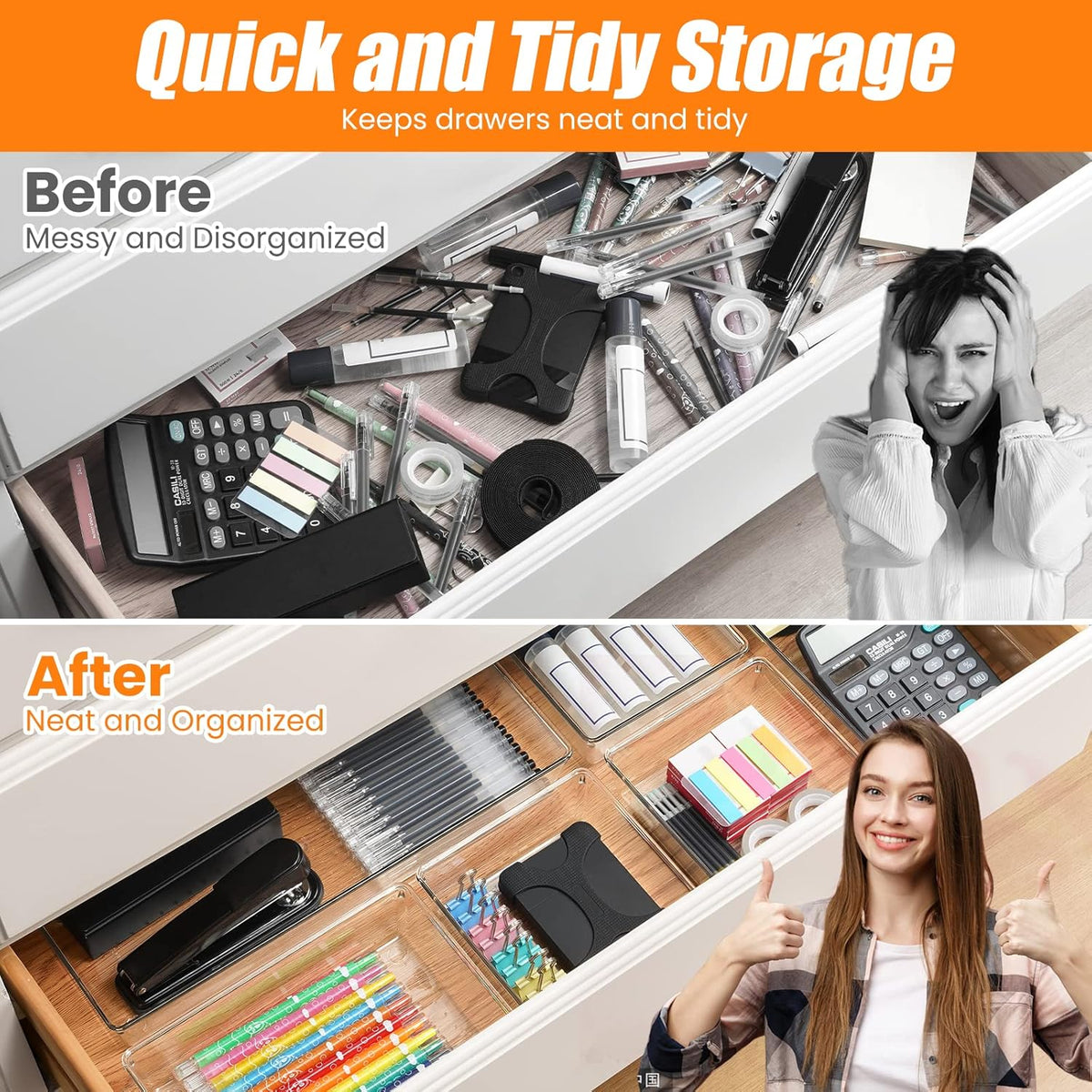 6 Pcs Large Size Clear Drawer Organizer Set, Acrylic Non Slip Non Cracking Kitchen Drawer Storage Tray Divider, Multifunctional Storage for Cosmetics, Bathroom, Tools, Kitchen and Office