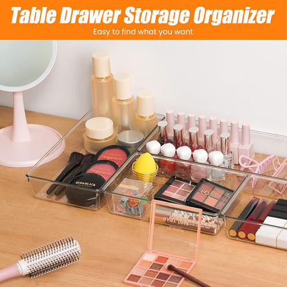 6 Pcs Large Size Clear Drawer Organizer Set, Acrylic Non Slip Non Cracking Kitchen Drawer Storage Tray Divider, Multifunctional Storage for Cosmetics, Bathroom, Tools, Kitchen and Office