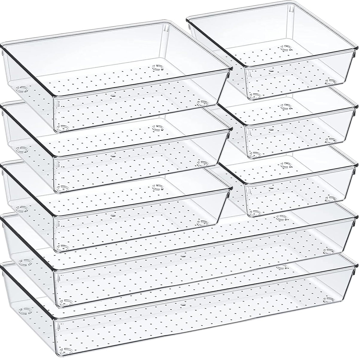 6 Pcs Large Size Clear Drawer Organizer Set, Acrylic Non Slip Non Cracking Kitchen Drawer Storage Tray Divider, Multifunctional Storage for Cosmetics, Bathroom, Tools, Kitchen and Office