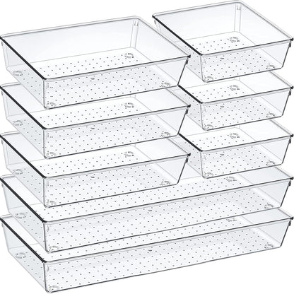 6 Pcs Large Size Clear Drawer Organizer Set, Acrylic Non Slip Non Cracking Kitchen Drawer Storage Tray Divider, Multifunctional Storage for Cosmetics, Bathroom, Tools, Kitchen and Office