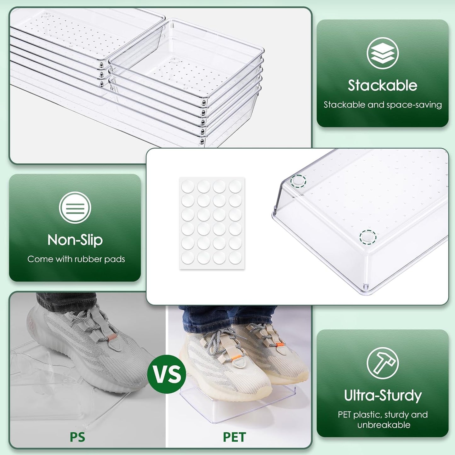 6 Pcs Large Size Clear Drawer Organizer Set, Acrylic Non Slip Non Cracking Kitchen Drawer Storage Tray Divider, Multifunctional Storage for Cosmetics, Bathroom, Tools, Kitchen and Office