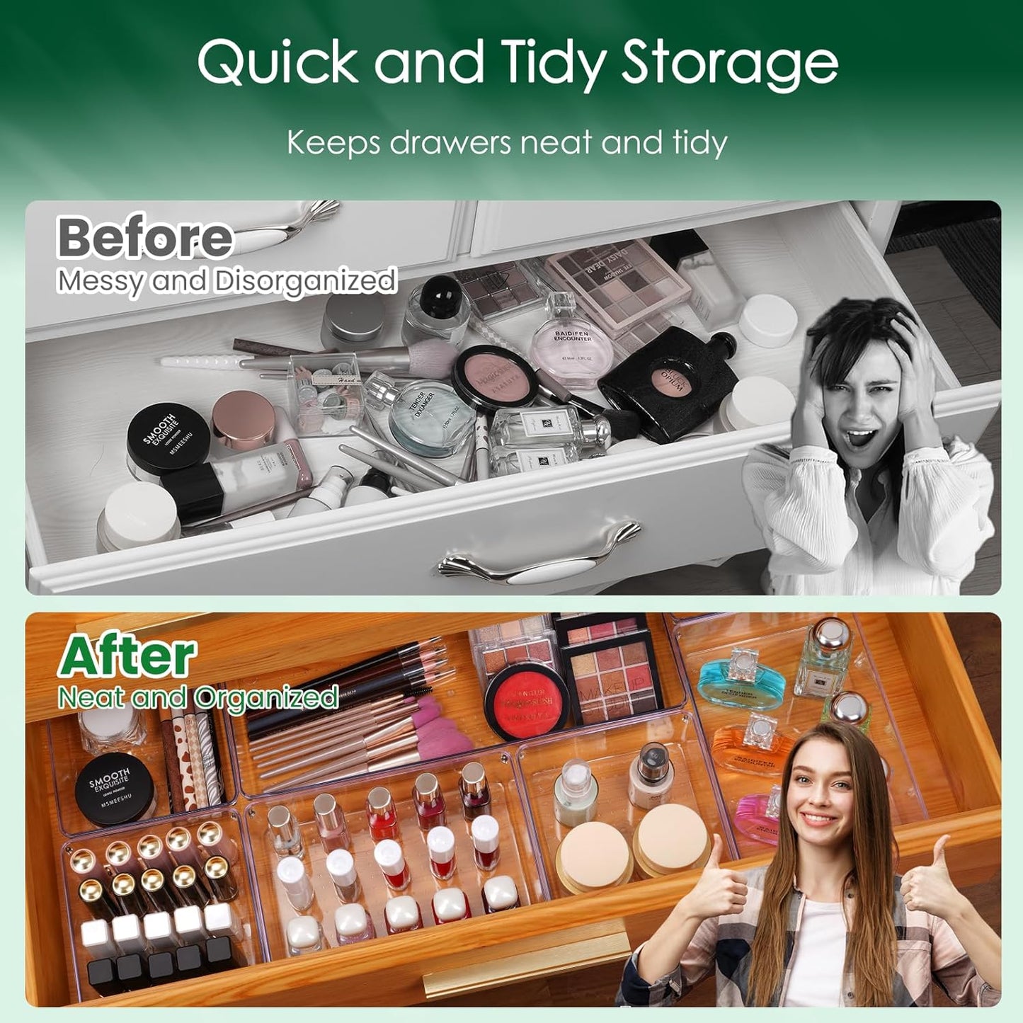 6 Pcs Large Size Clear Drawer Organizer Set, Acrylic Non Slip Non Cracking Kitchen Drawer Storage Tray Divider, Multifunctional Storage for Cosmetics, Bathroom, Tools, Kitchen and Office