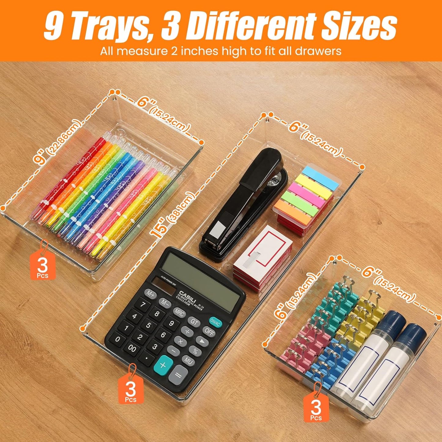 6 Pcs Large Size Clear Drawer Organizer Set, Acrylic Non Slip Non Cracking Kitchen Drawer Storage Tray Divider, Multifunctional Storage for Cosmetics, Bathroom, Tools, Kitchen and Office