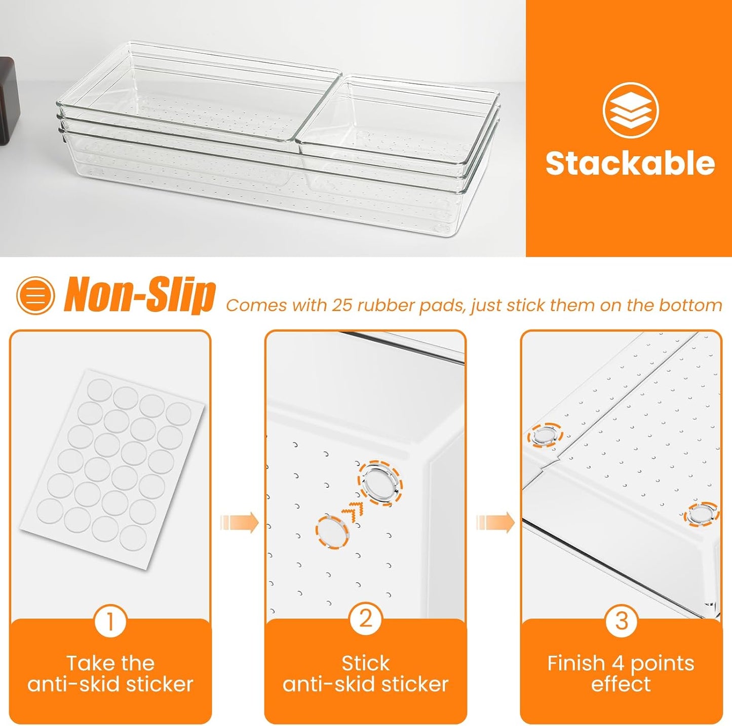 6 Pcs Large Size Clear Drawer Organizer Set, Acrylic Non Slip Non Cracking Kitchen Drawer Storage Tray Divider, Multifunctional Storage for Cosmetics, Bathroom, Tools, Kitchen and Office