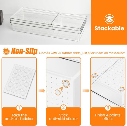 6 Pcs Large Size Clear Drawer Organizer Set, Acrylic Non Slip Non Cracking Kitchen Drawer Storage Tray Divider, Multifunctional Storage for Cosmetics, Bathroom, Tools, Kitchen and Office
