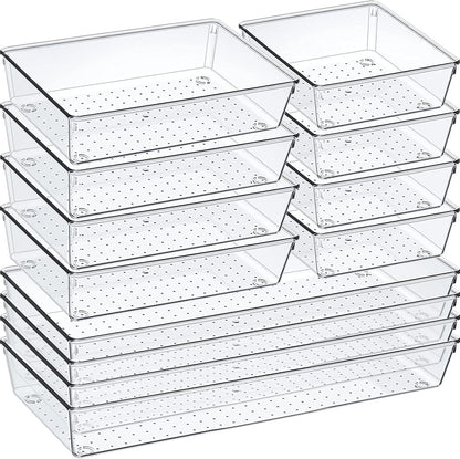 6 Pcs Large Size Clear Drawer Organizer Set, Acrylic Non Slip Non Cracking Kitchen Drawer Storage Tray Divider, Multifunctional Storage for Cosmetics, Bathroom, Tools, Kitchen and Office
