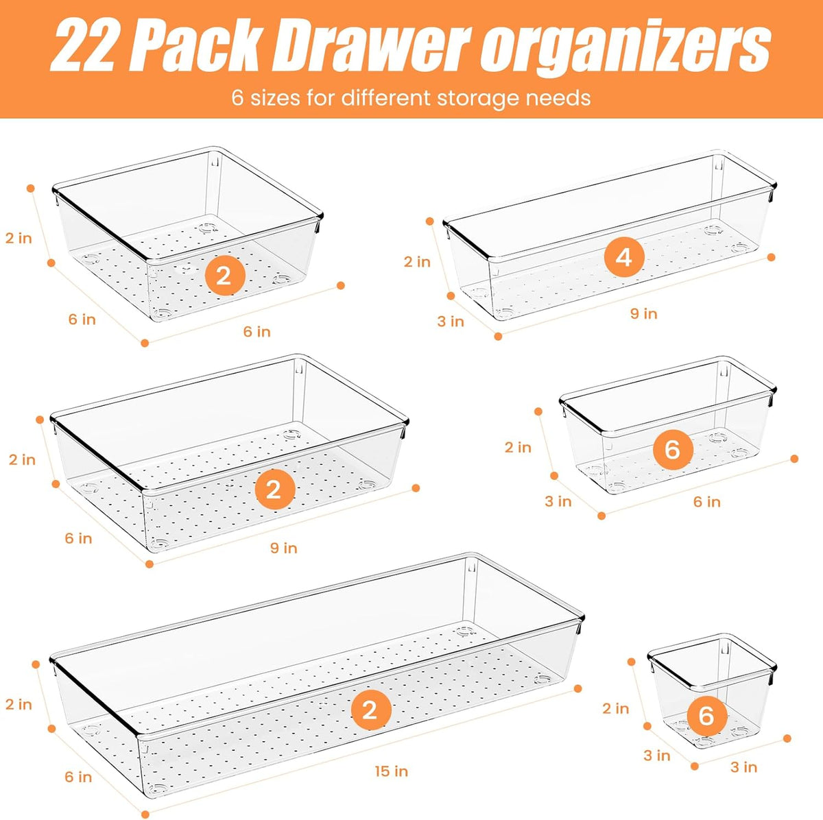 6 Pcs Large Size Clear Drawer Organizer Set, Acrylic Non Slip Non Cracking Kitchen Drawer Storage Tray Divider, Multifunctional Storage for Cosmetics, Bathroom, Tools, Kitchen and Office