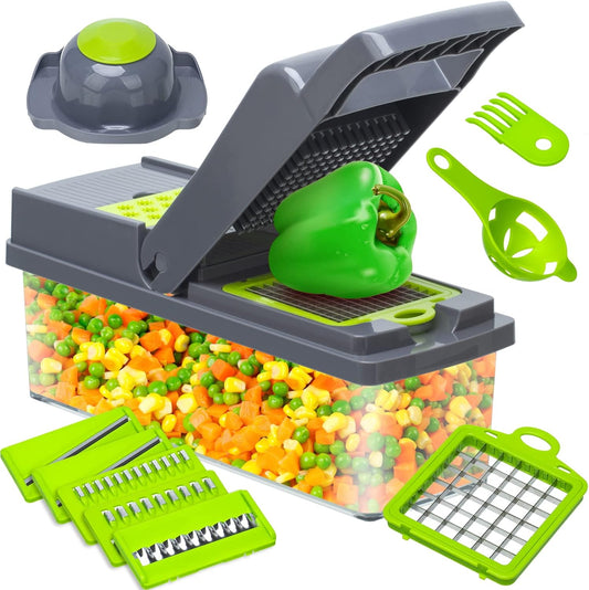 Multifunction Vegetable Chopper, 8 Blades Vegetable Slicer, Onion Chopper Cutter Dicer Egg Separator Grater Slicer with Push Button, Hand Guard, Large Capacity Container