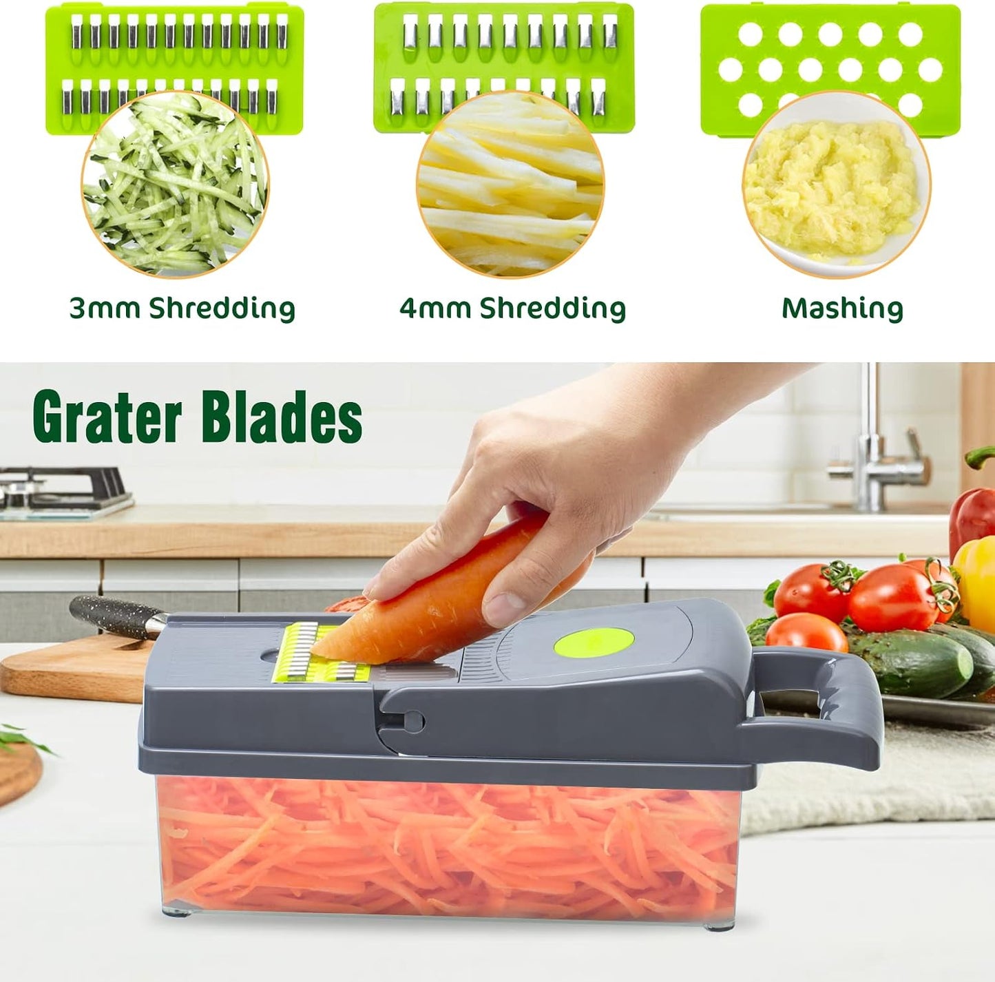 Multifunction Vegetable Chopper, 8 Blades Vegetable Slicer, Onion Chopper Cutter Dicer Egg Separator Grater Slicer with Push Button, Hand Guard, Large Capacity Container